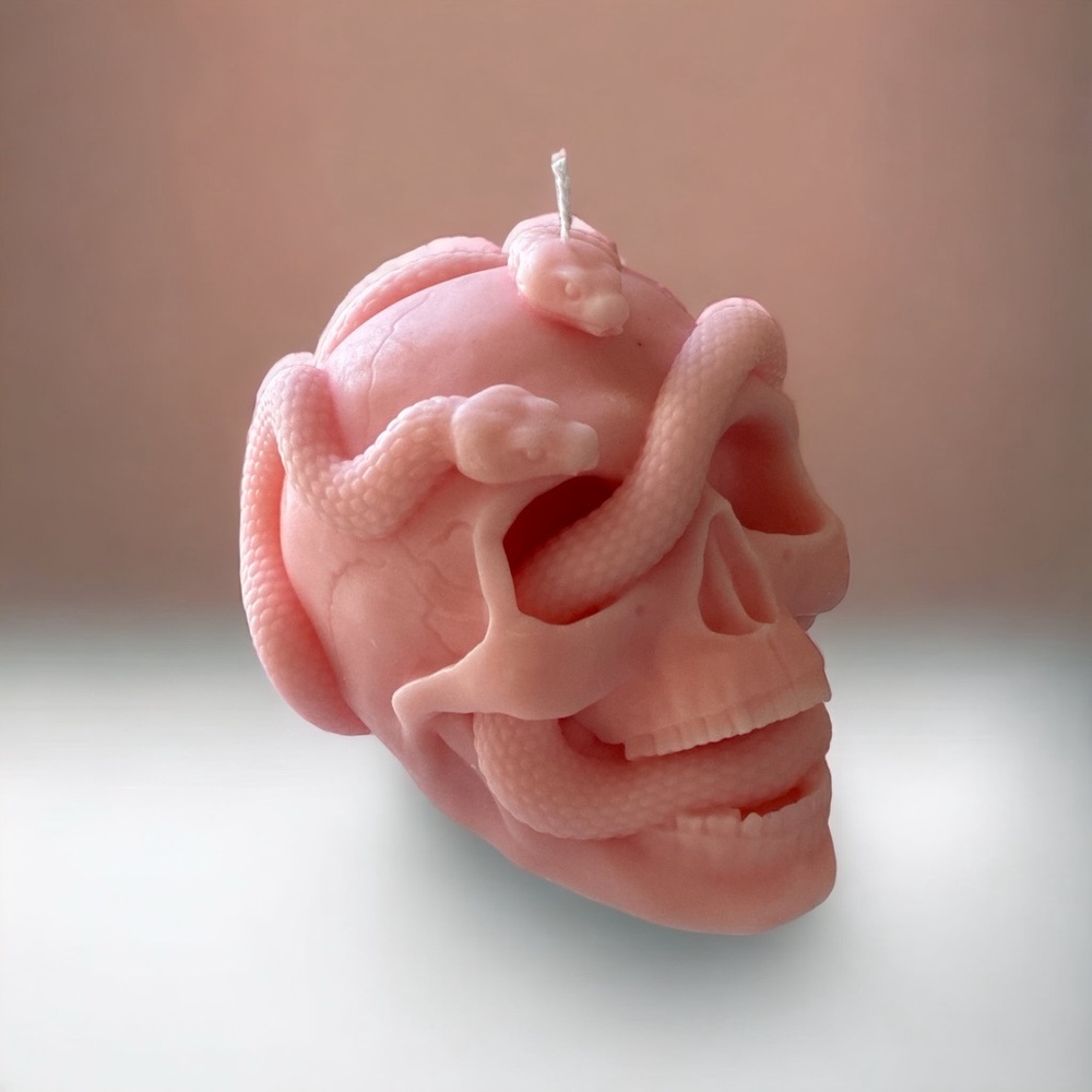 Pink Skull Sculpture Candle with Coiled Snake Accent